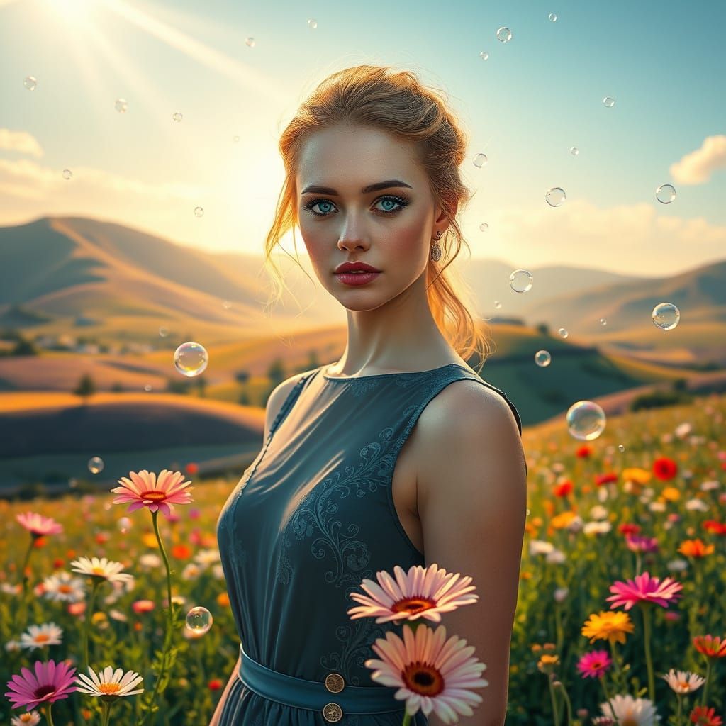 Blue-Eyed Woman in Meadow, Hyperrealistic Art