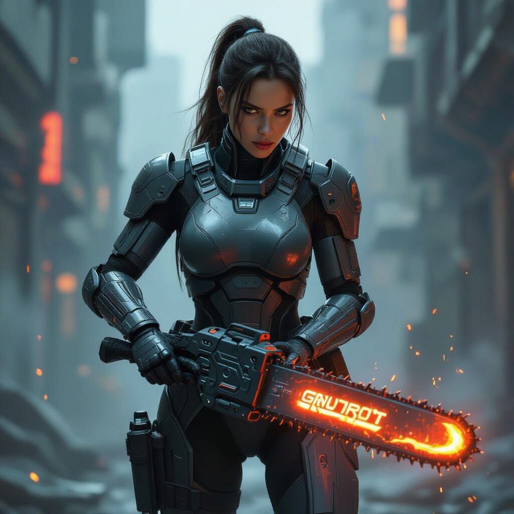 Futuristic Soldier Wields Glowing Chainsaw-Sword