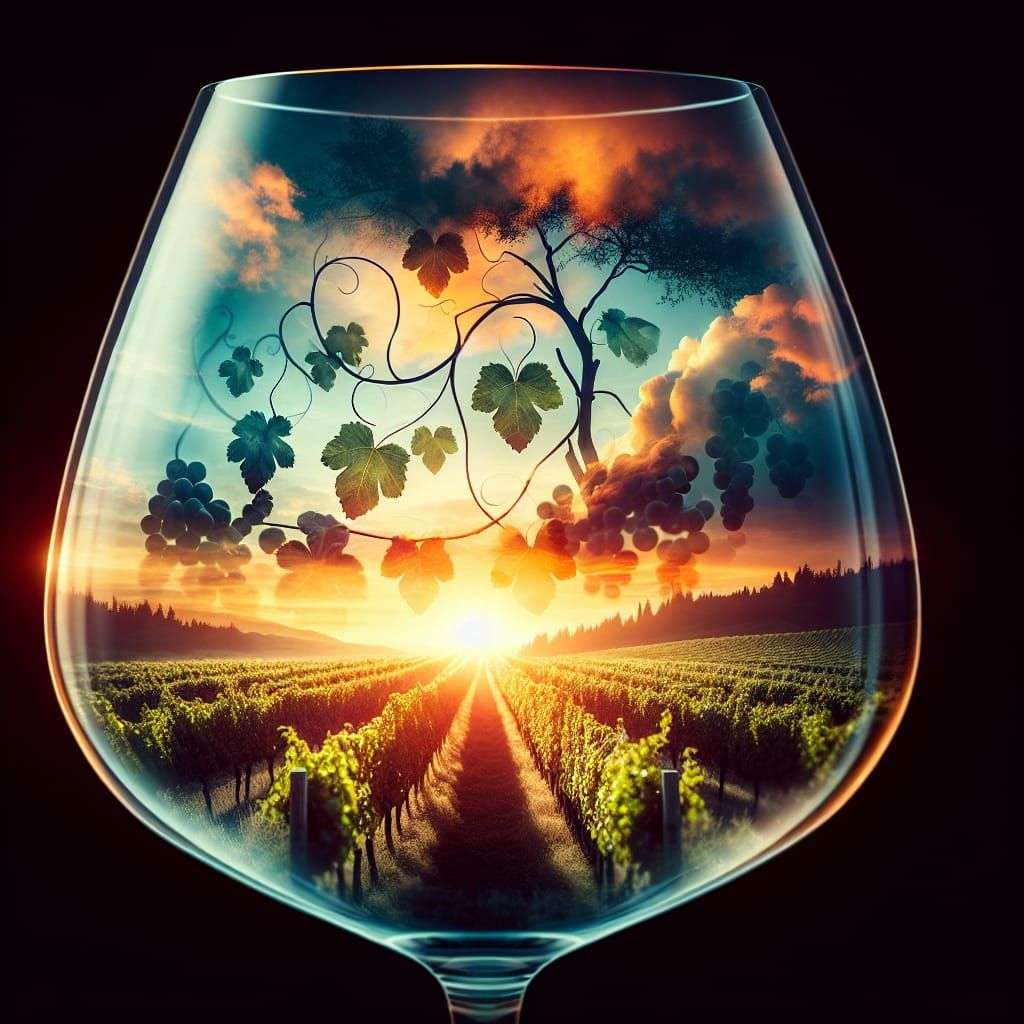 Vineyard Sunset in Wine Glass: Double Exposure Matte Paintin...