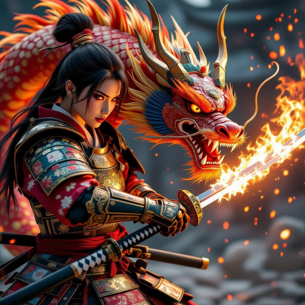 Female Samurai vs Fire Dragon in Dark Fantasy Style