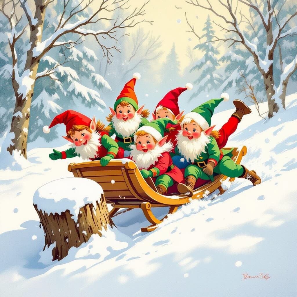 Whimsical Elves Tumble from Toboggan in Storybook Style