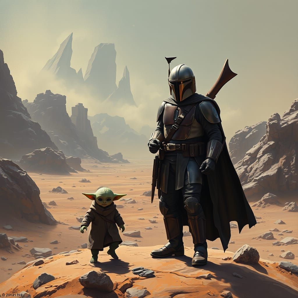 Heroic Mandalorian in Barren Beskar Armor Landscape