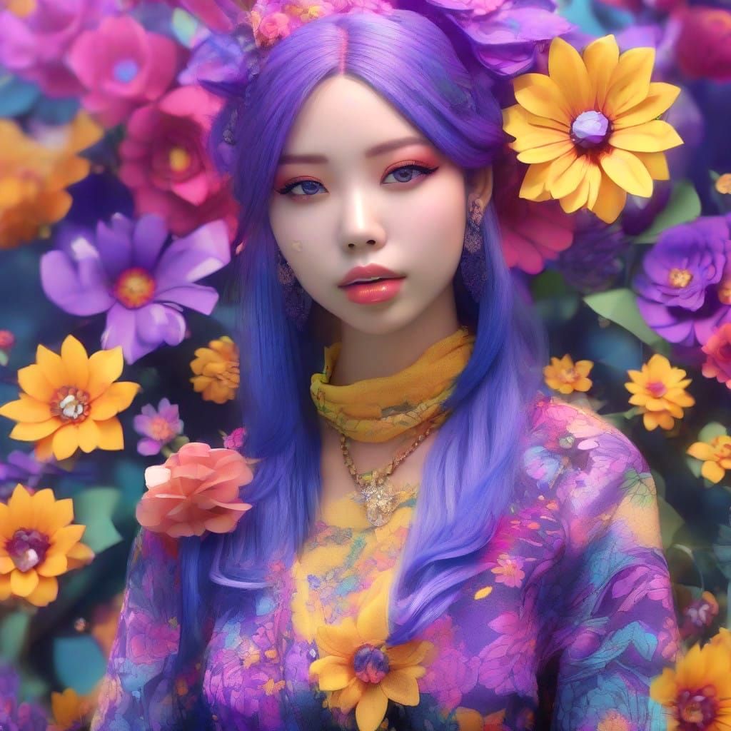 Japanese Goddess in Vibrant Cosmic Realm