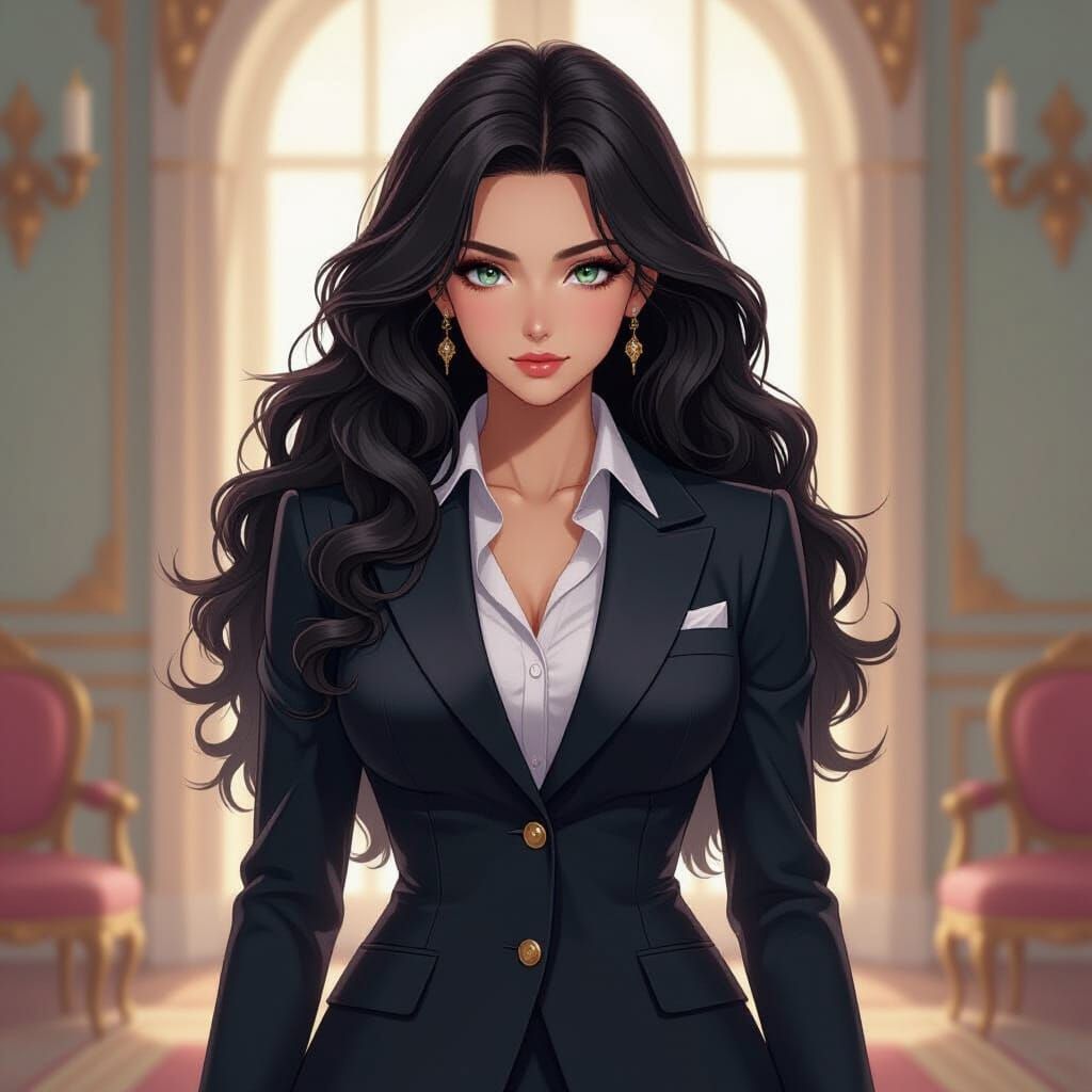 Determined Woman in Elaborate Suit in Gentle Hued Room