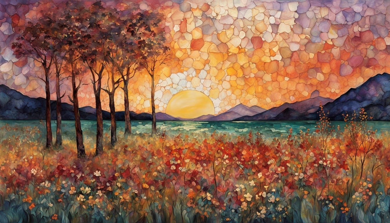 Dreamy Sunset Meadow in Vibrant, Textured Colors