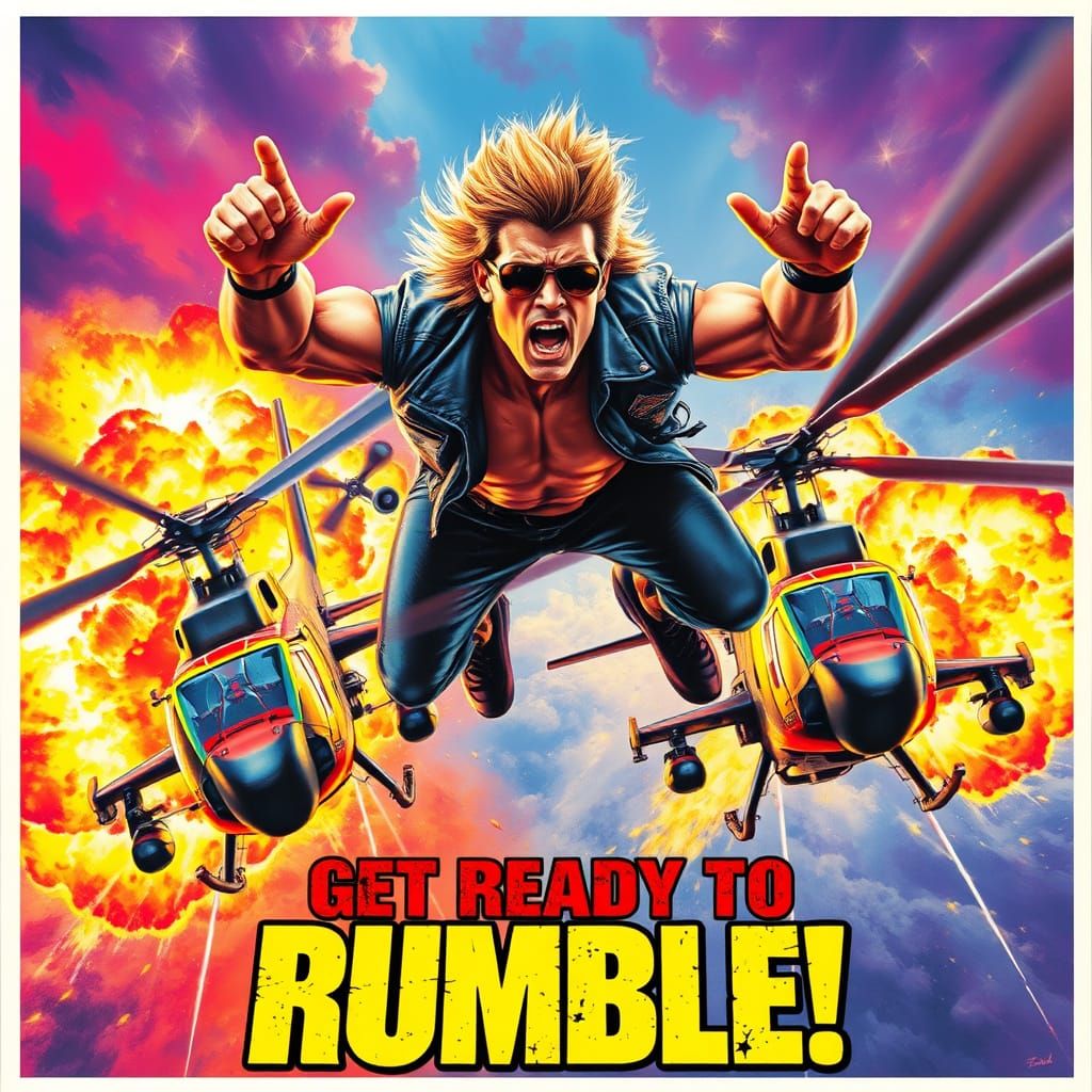 Extreme Action Hero Leaping Between Exploding Helicopters