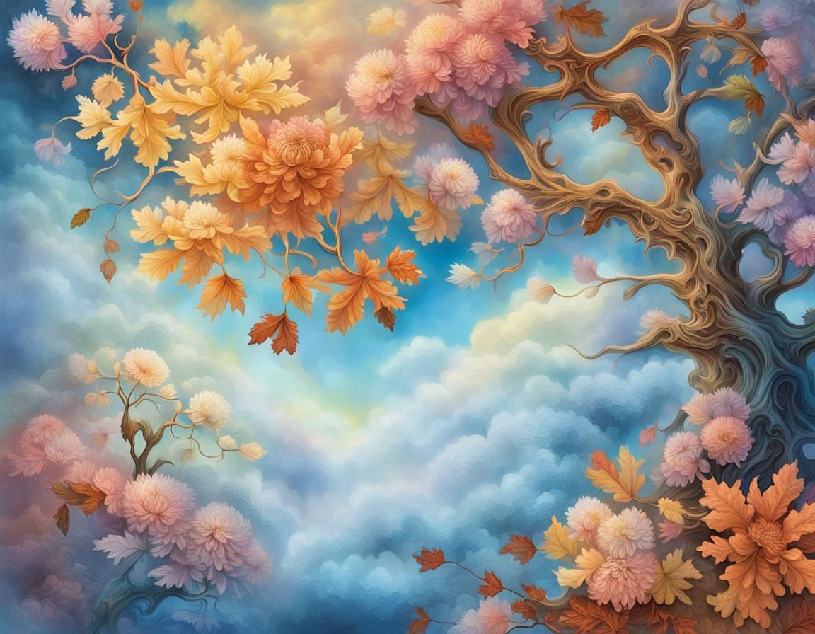 Autumn Chrysanthemums and Maple Leaves in Dreamlike Mixed Me...