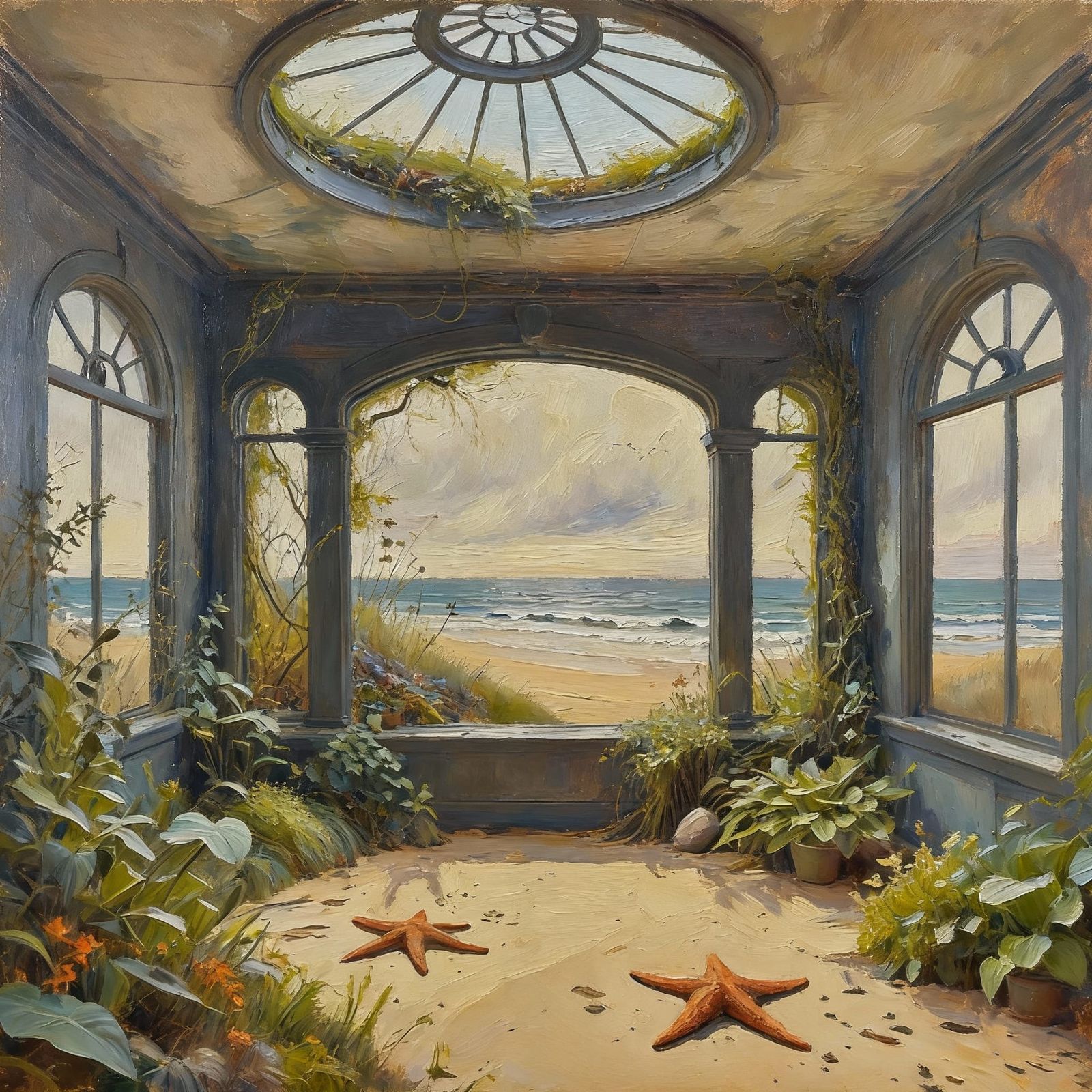 Hyperdetailed Charcoal Drawing of Bay Window Overlooking Bea...