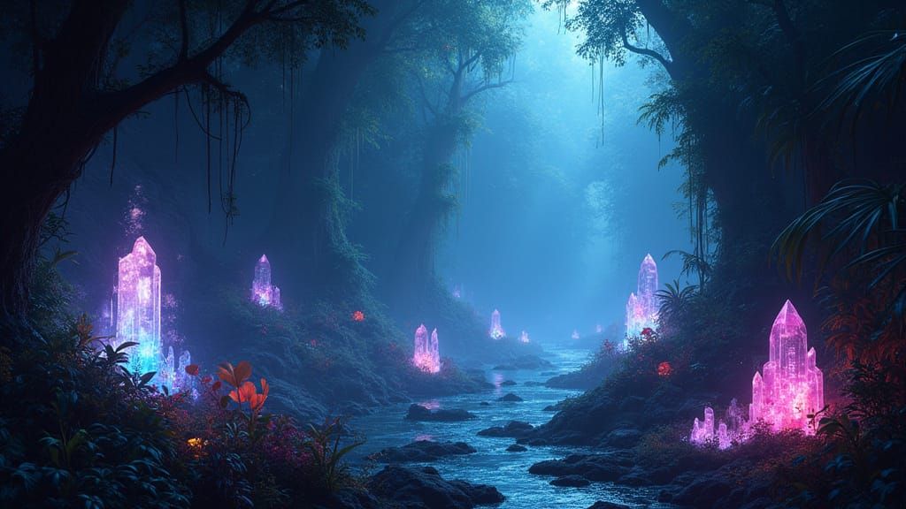 Bioluminescent Cave with Iridescent Crystals, Concept Art