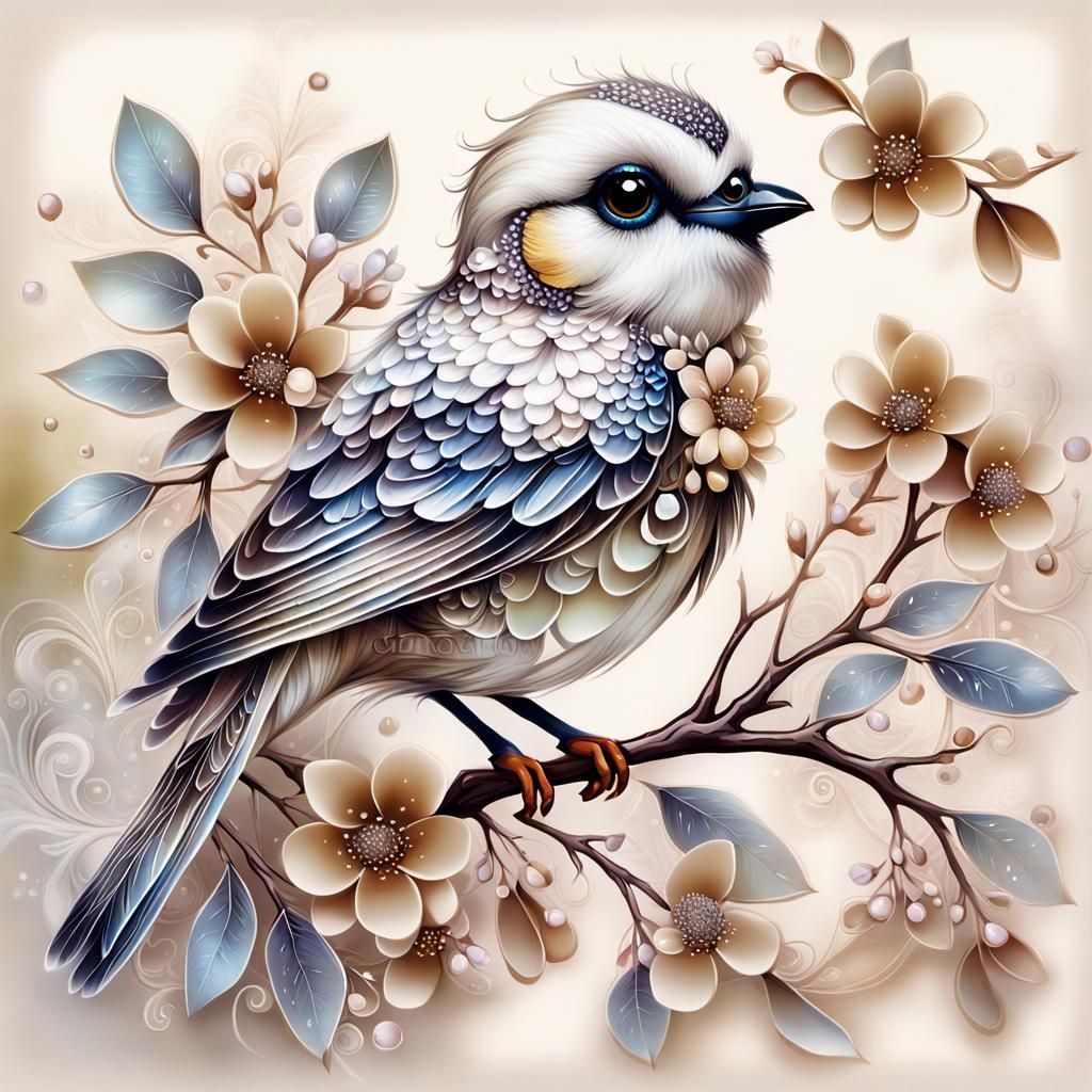 Cute Bird on Flowering Branch