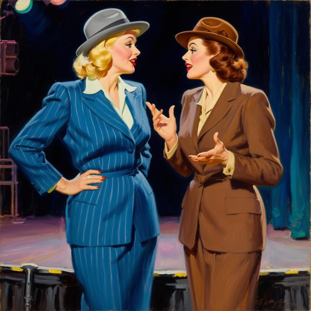 1950s Women Chat in Impressionistic Oil Painting