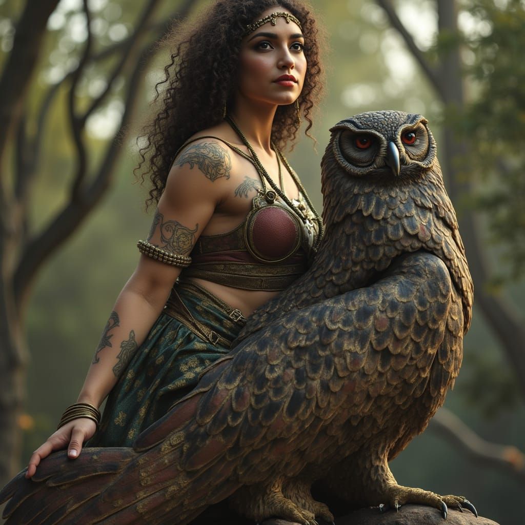 Photorealistic Greek Goddess Athene Riding an Owl