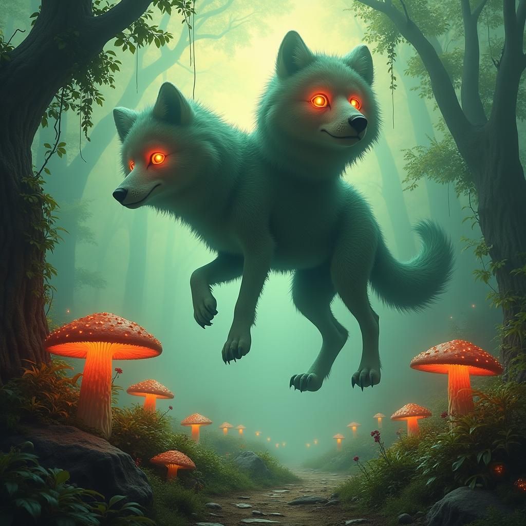 Two-Headed Wolf in a Fantasy Landscape