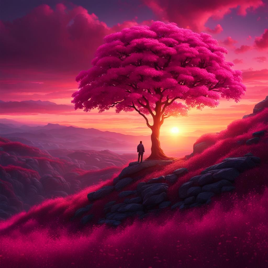 Sunset Behind Pink Tree: Fantasy Concept Art