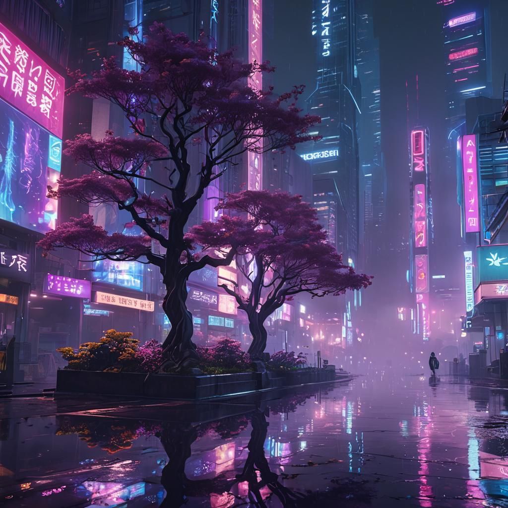 Neon Cyberpunk Cityscape Reflecting in Water