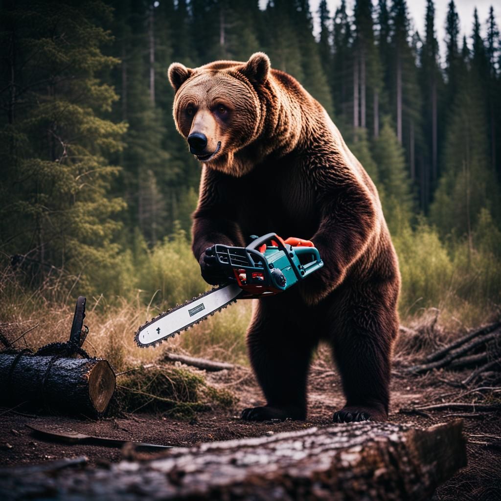 Brown Bear with Chainsaw: Cinematic Film Still