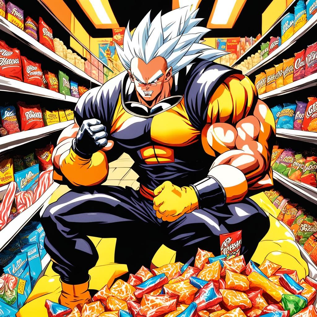 Super Saiyan Bodybuilder's Candy Store Snack in Anime Style