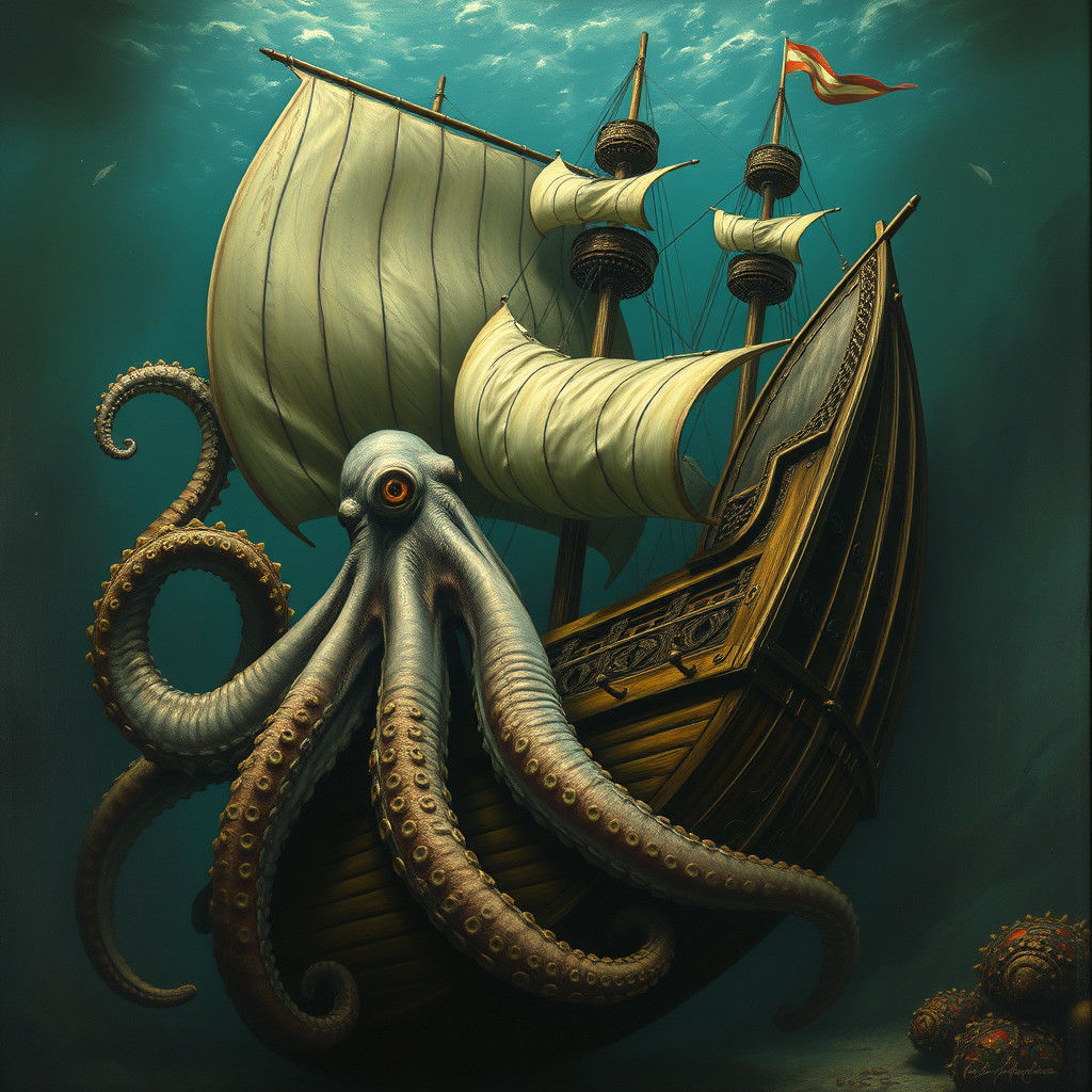 Giant Octopus Attacks Ship: A Surreal Underwater Scene