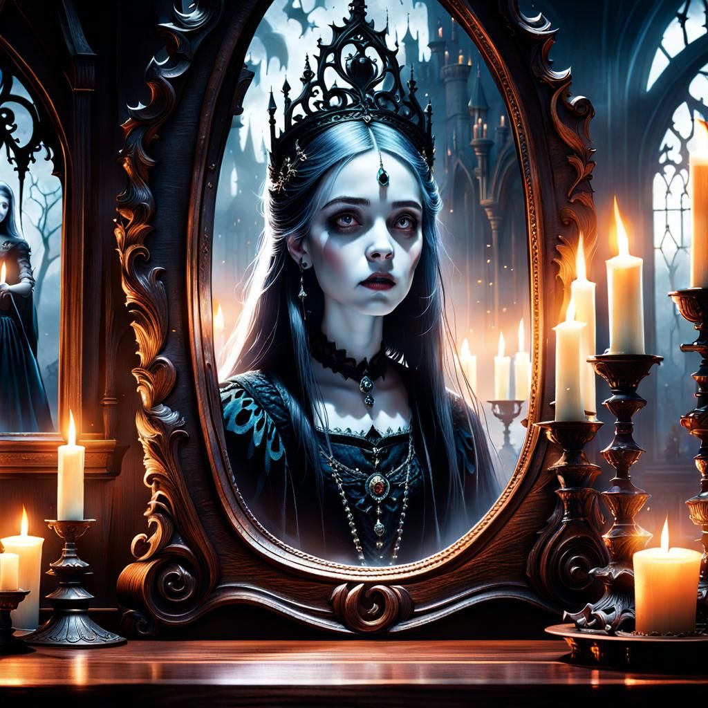Tragic Princess and Ghostly Mirror, Gothic Illustration