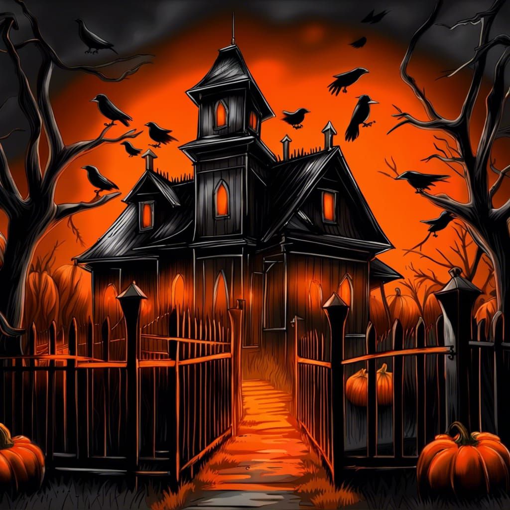 Sinister Sketch of Spooky House with Pumpkins