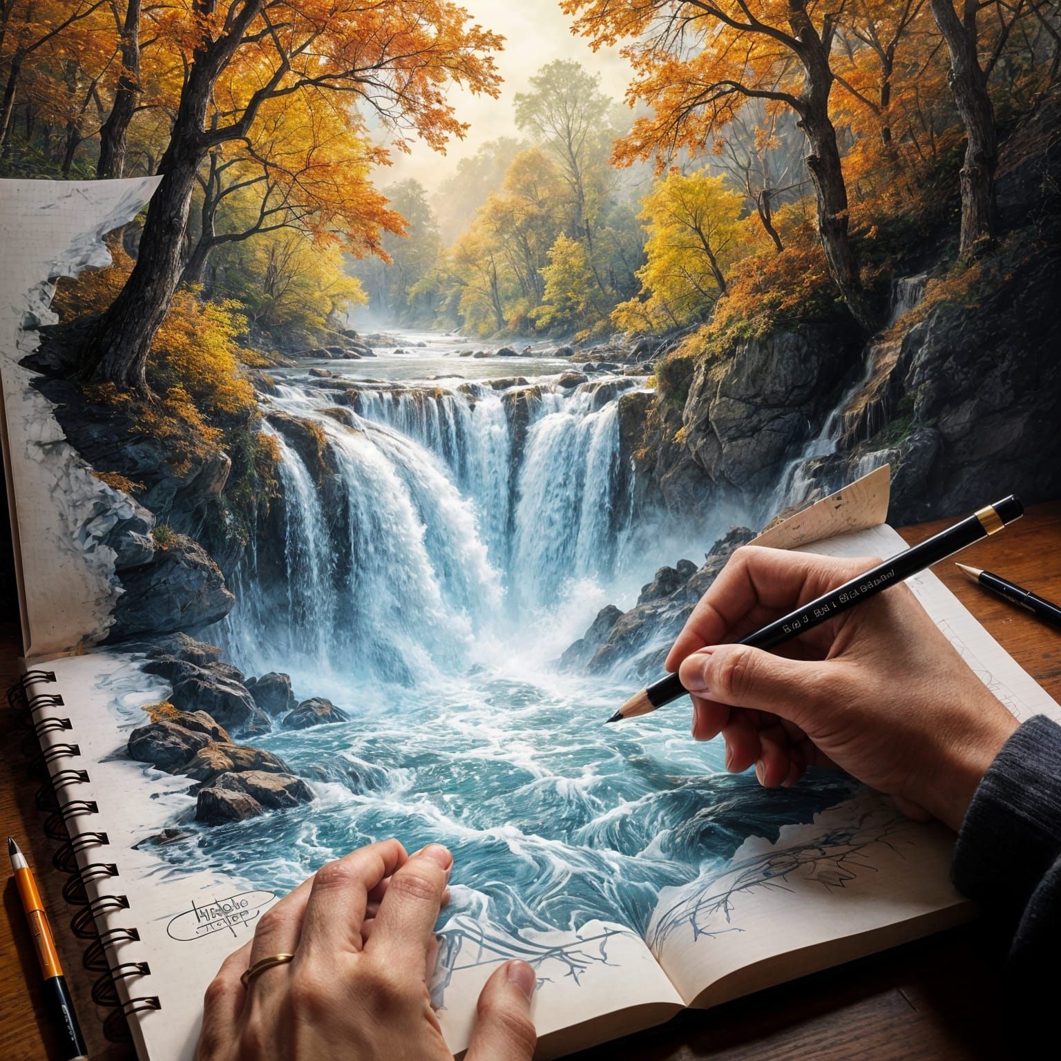 Autumn Waterfall Escapes Sketchbook in Realistic Pencil Art