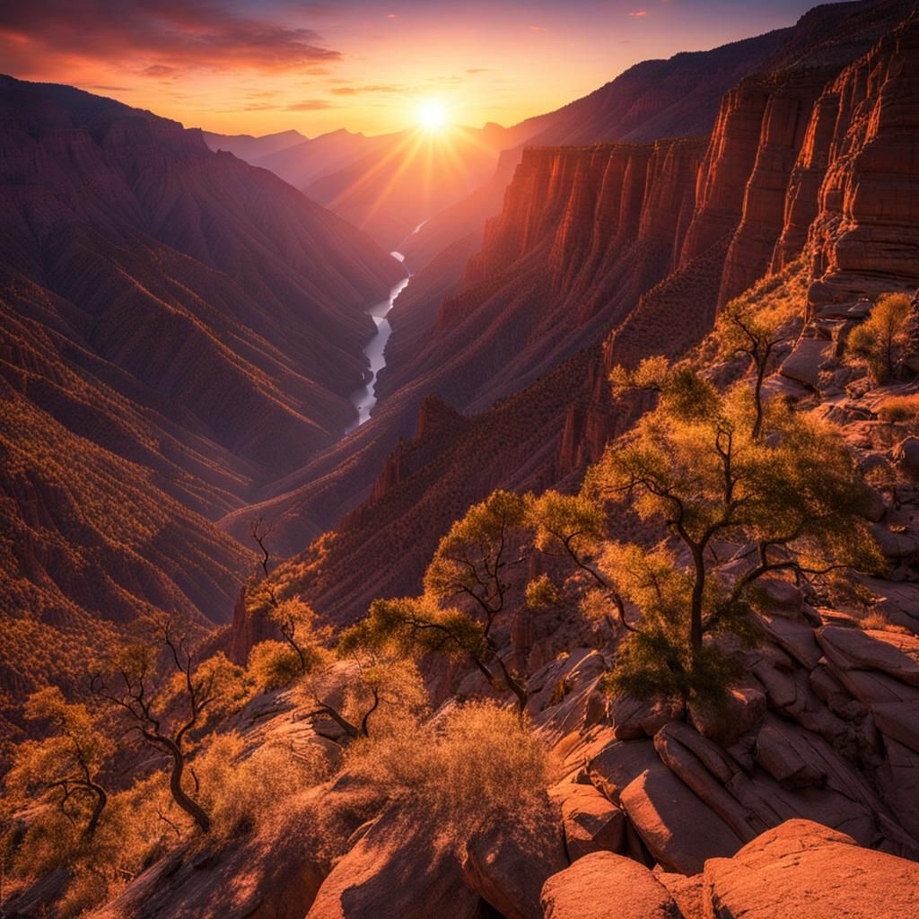 Sunrise Over a Deep Mountain Canyon