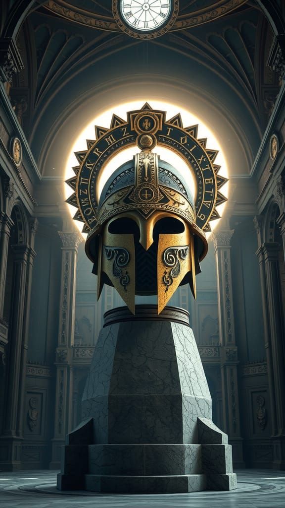 Sacred Helmet of Truth in a Grand Gothic Chamber
