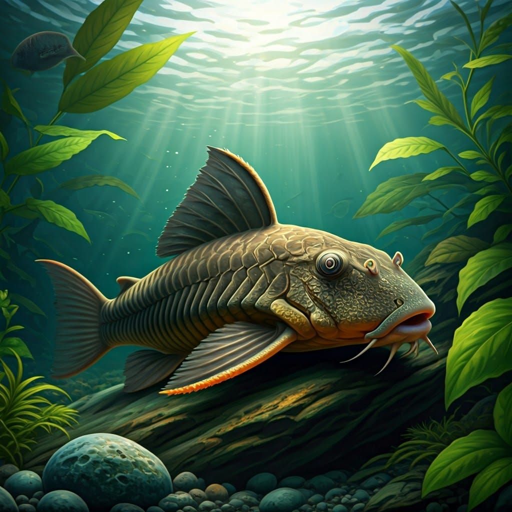 Realistic Zoological Painting of Armored Catfish in Underwat...
