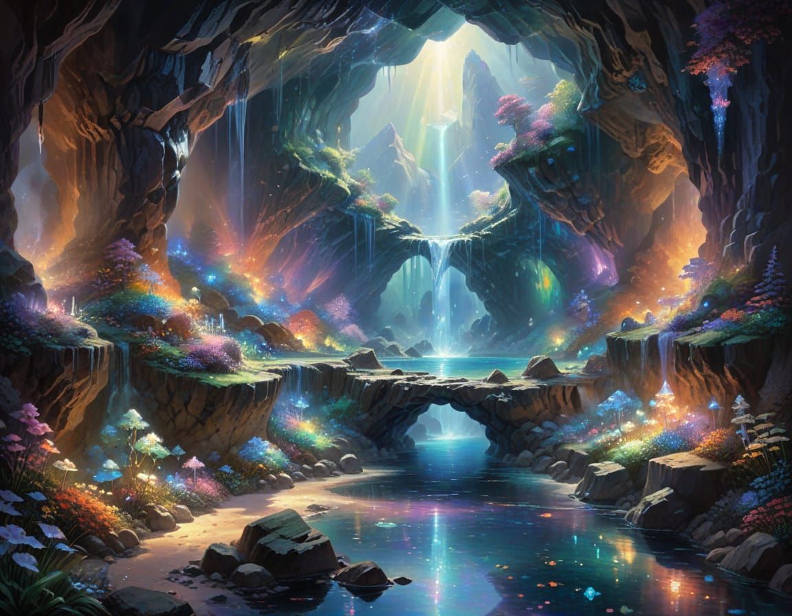 Ethereal Crystal Cave with Liquid Light Pool
