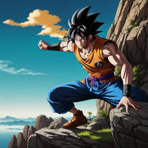 Son Goku in Manga Style on Rocky Cliff