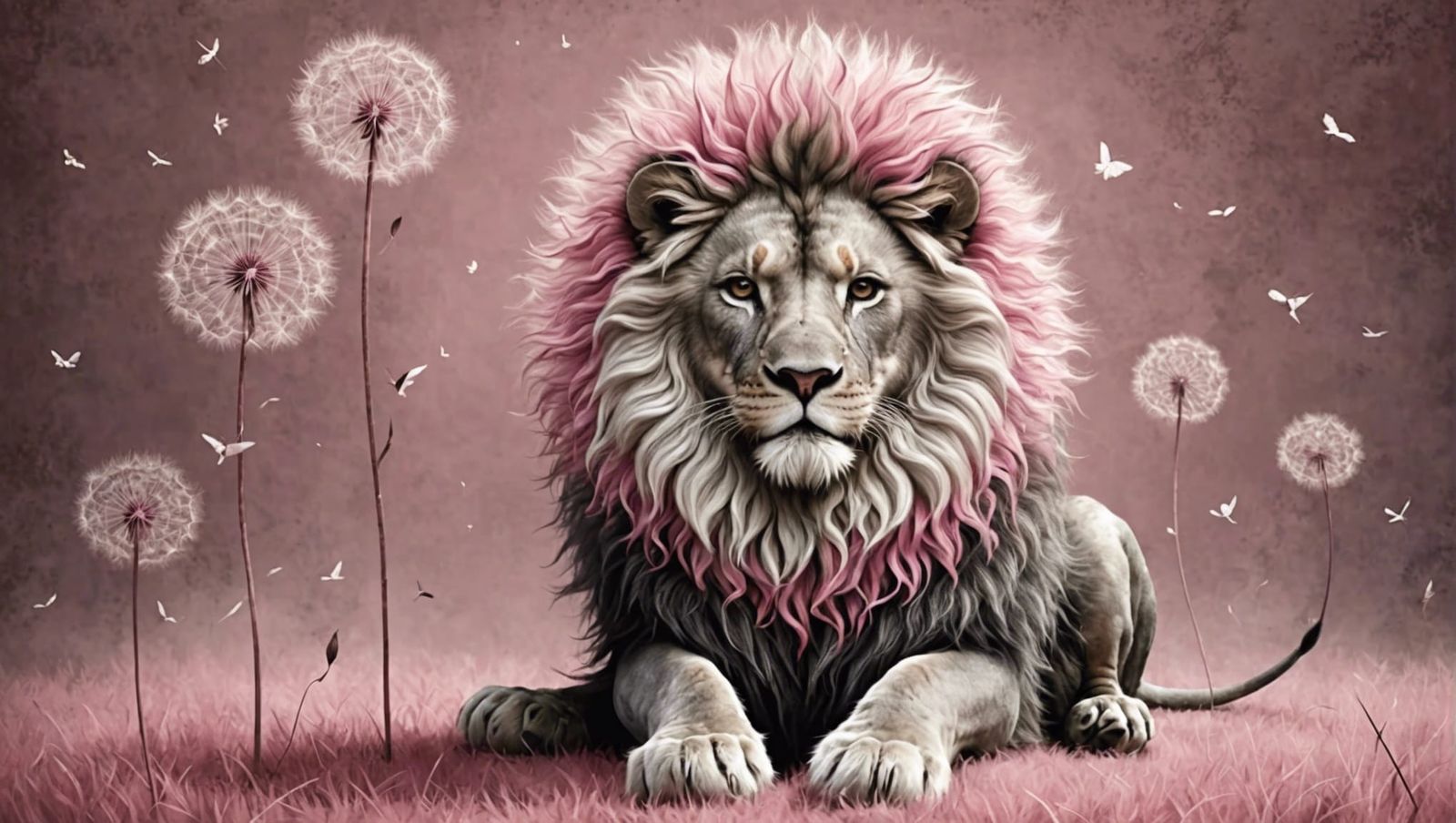 Pink and Silver Dandelion Lion in Illustrative Style