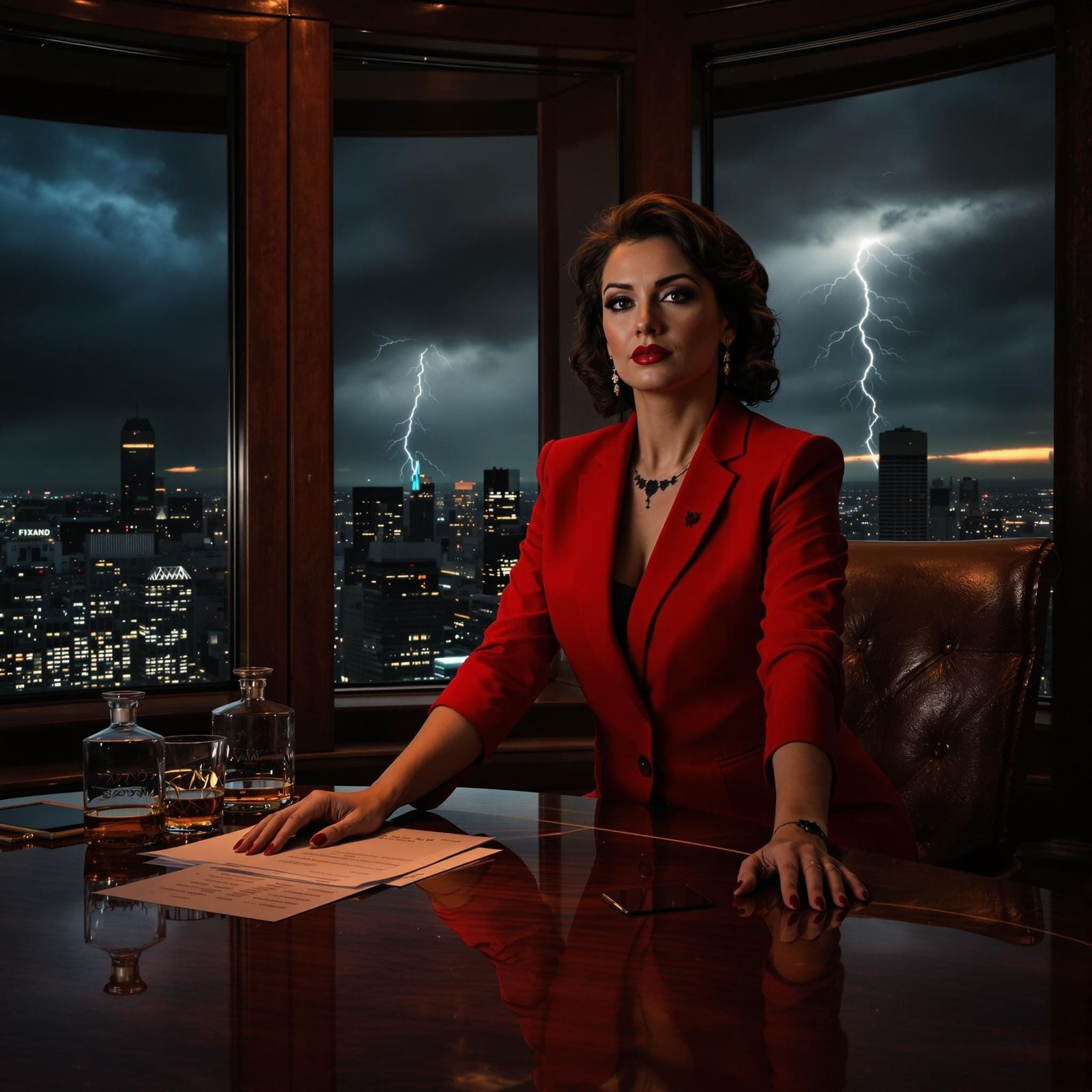 Sultry Businesswoman Exudes Power in Noir-Style Boardroom