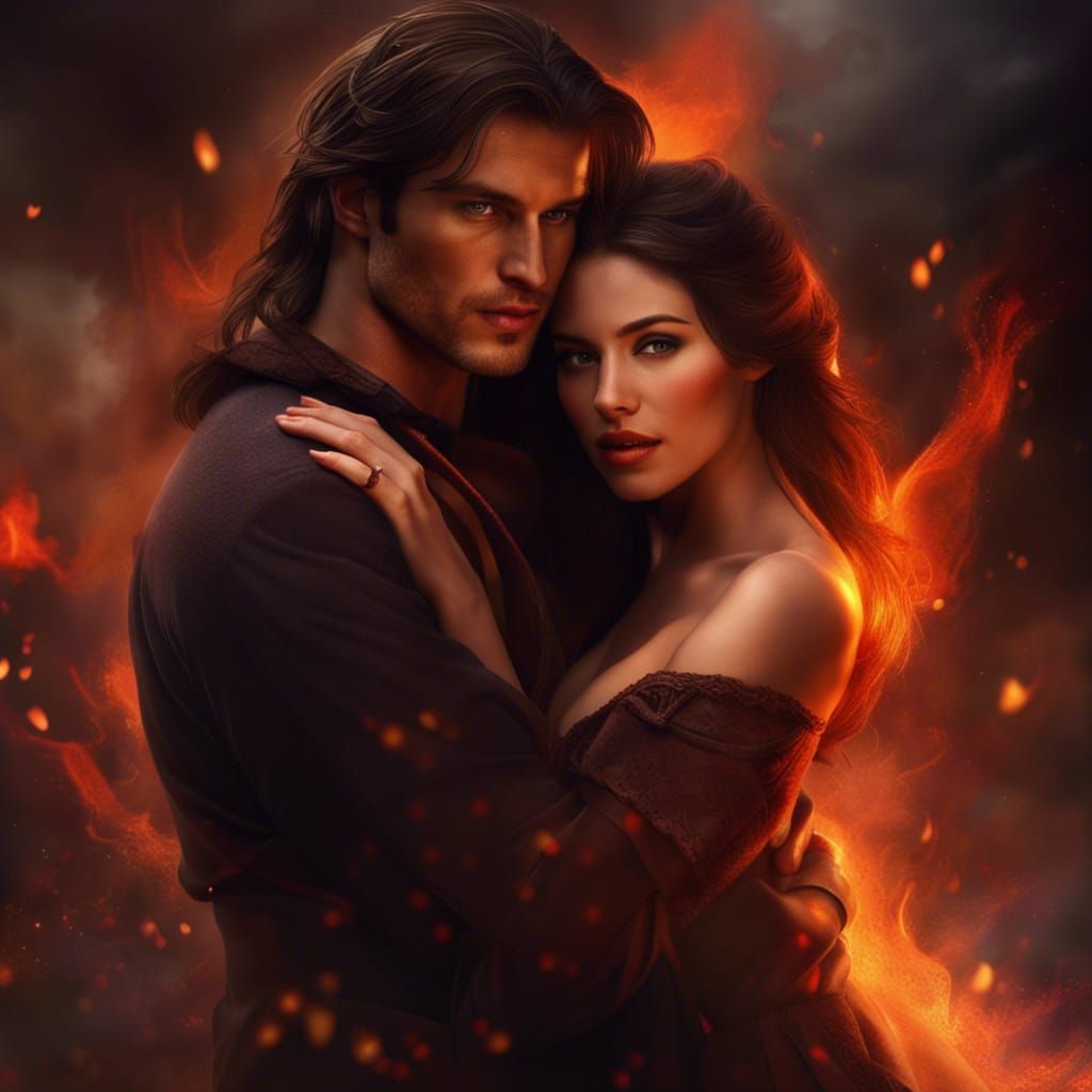 Passionate Embrace in Fire: Detailed Fantasy Art