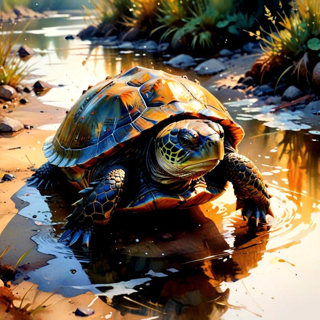 Painterly Realism Turtle in Golden Hour Light