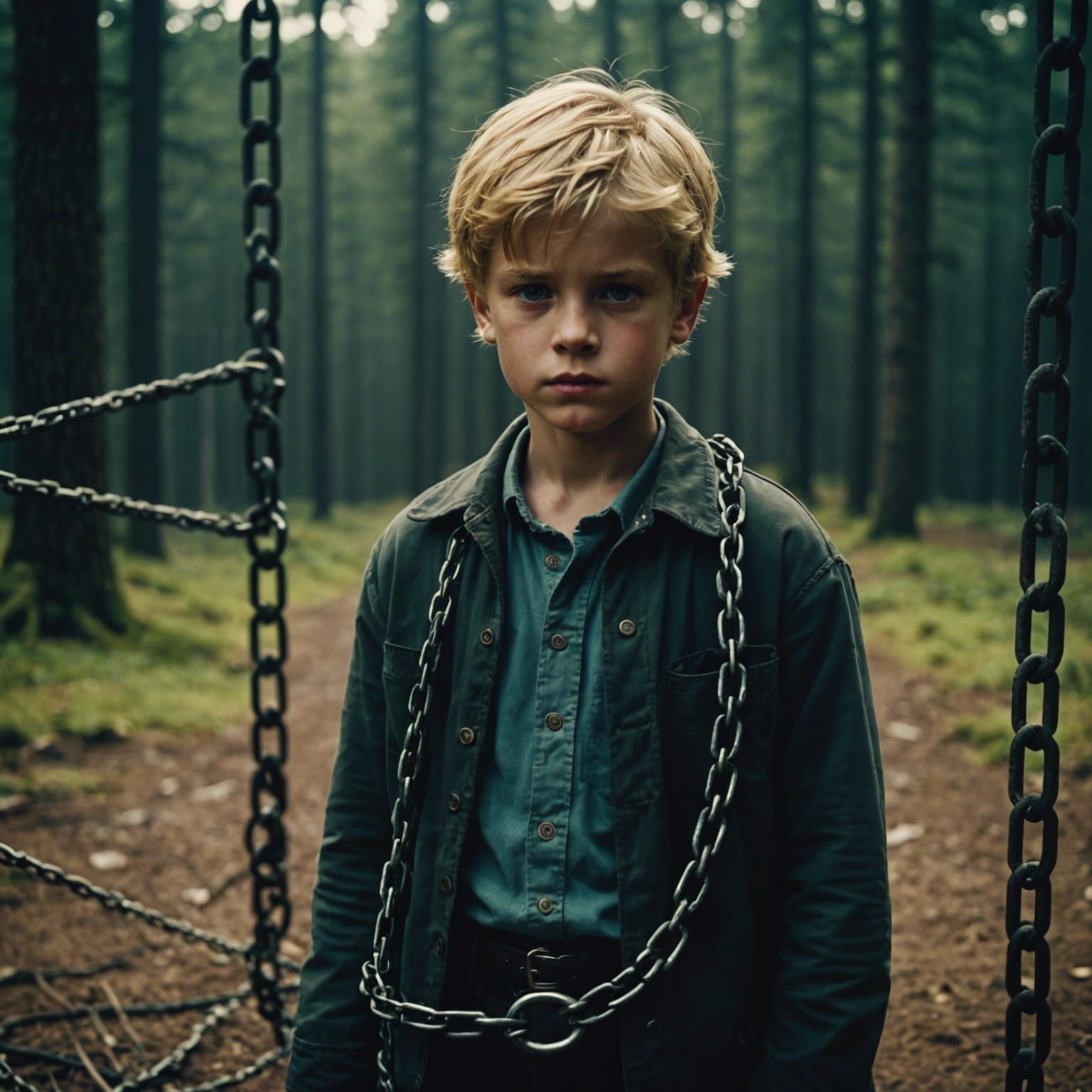 Dramatic Film Still of a Blond Boy in Chains