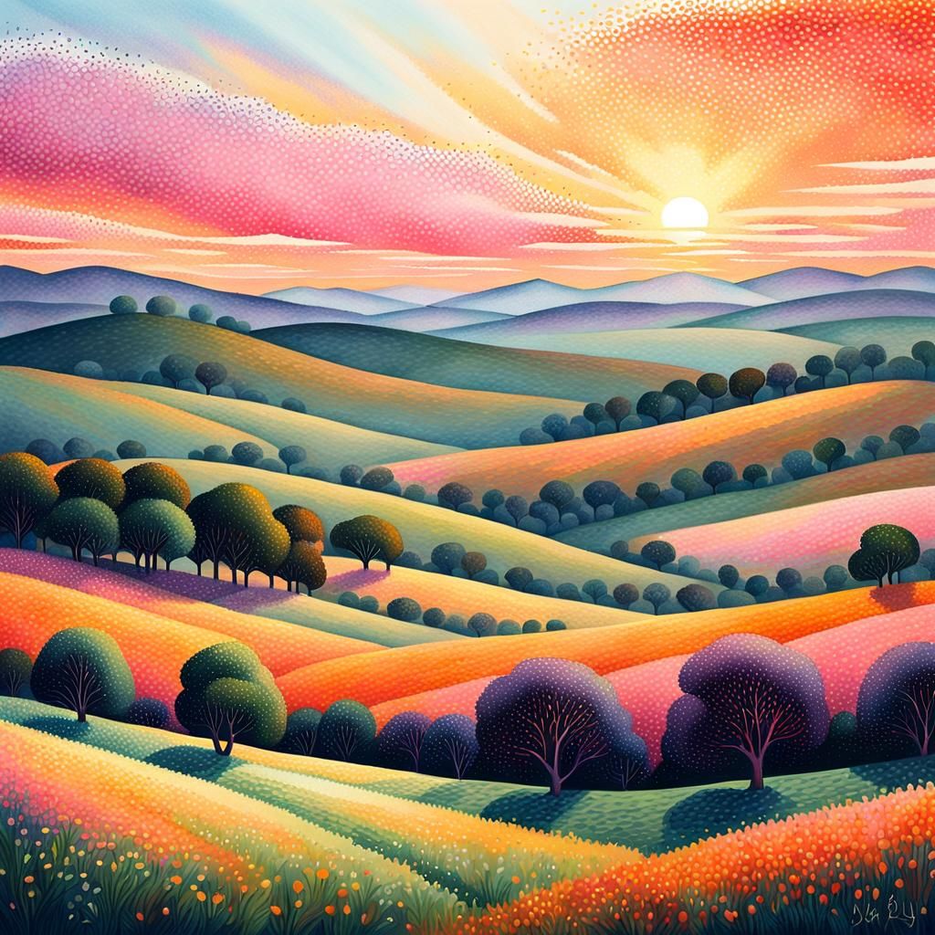 A landscape made of colored dots, capturing a sunset over a ...