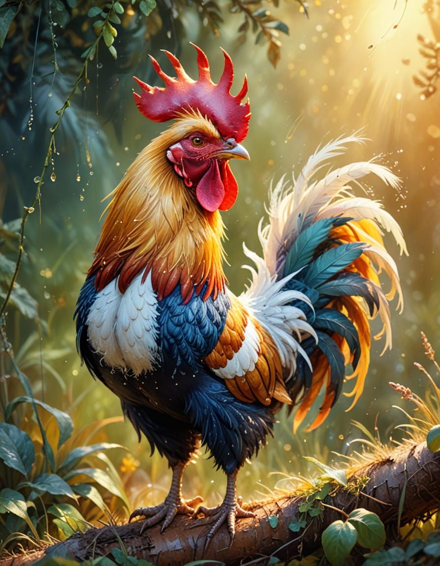 Whimsical Watercolor Rooster in Morning Dew