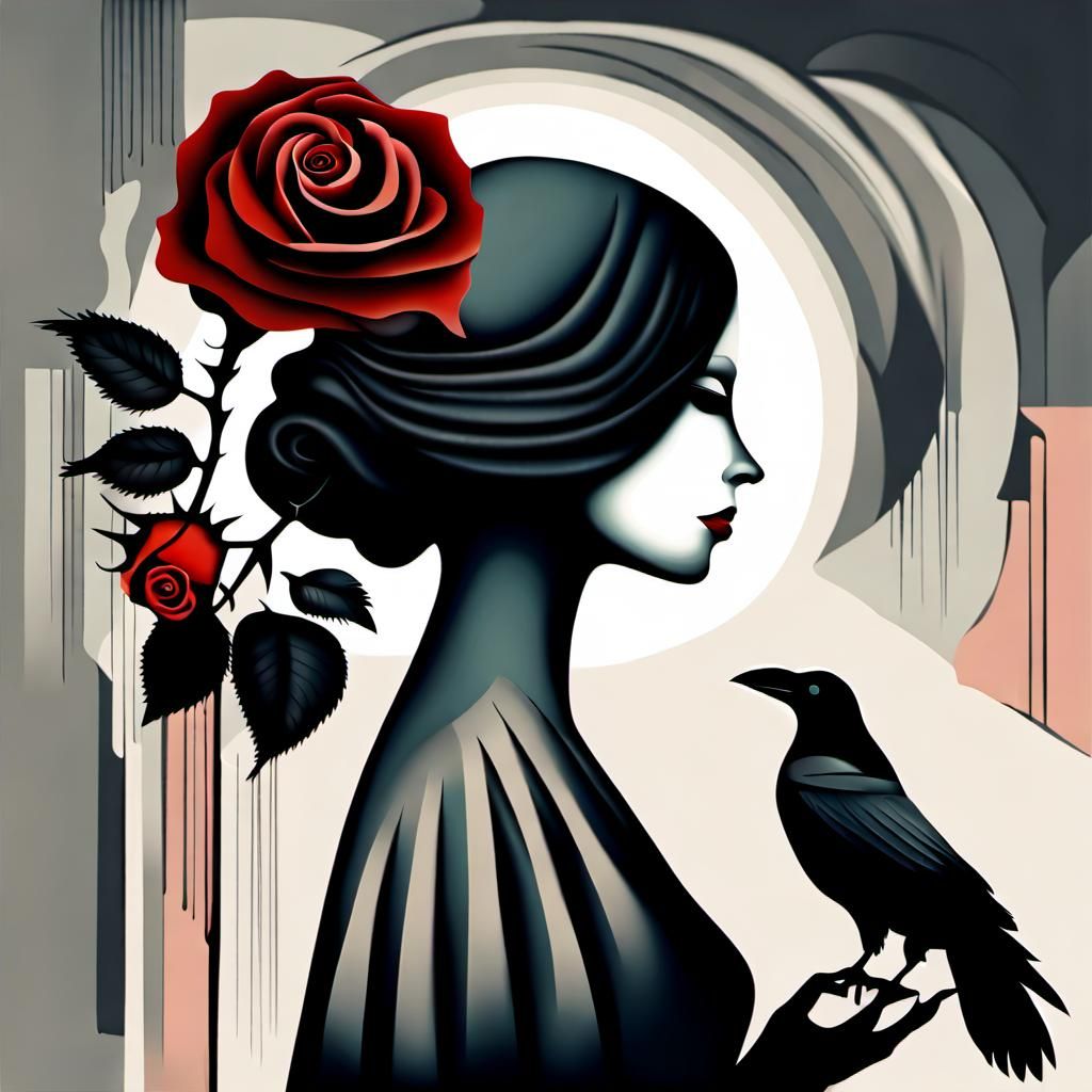 Abstract Surrealism: Lady, Crow, and Rose