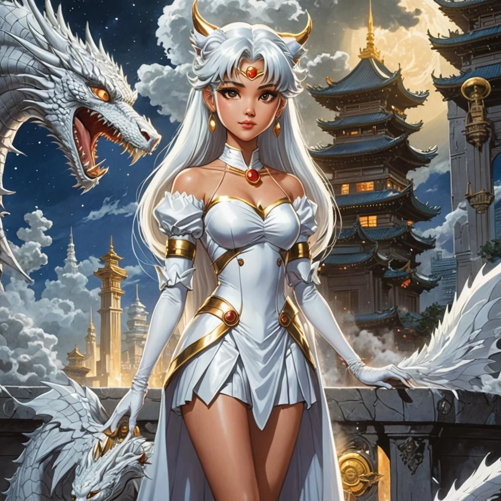 Asian Woman as Artemis with White Dragon Comic Art