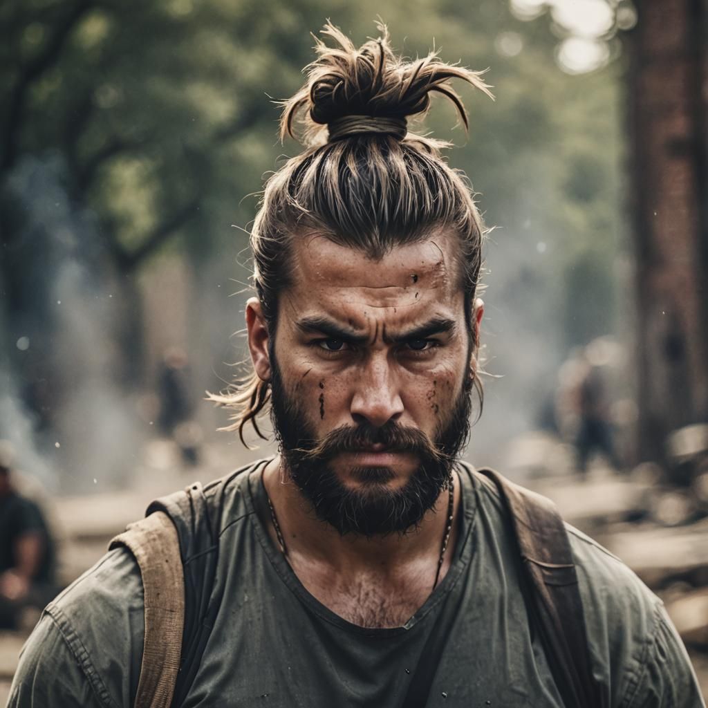 Fierce Warrior Portrait with Scar and Weapon