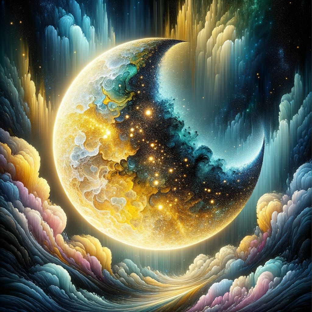 Ethereal Quarter Moon with Glitter Stars and Aurora Sky