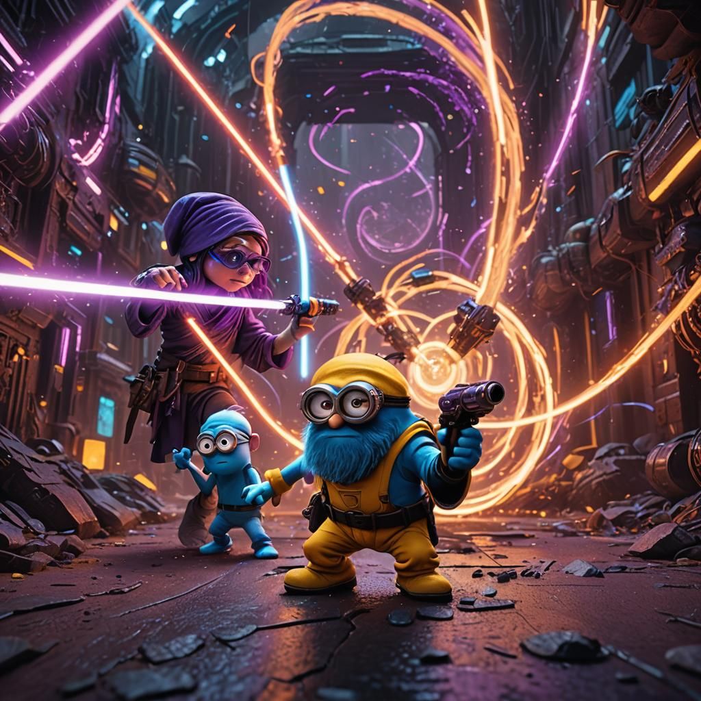 Smurf vs Minion Lightsaber Battle in Neon Lights
