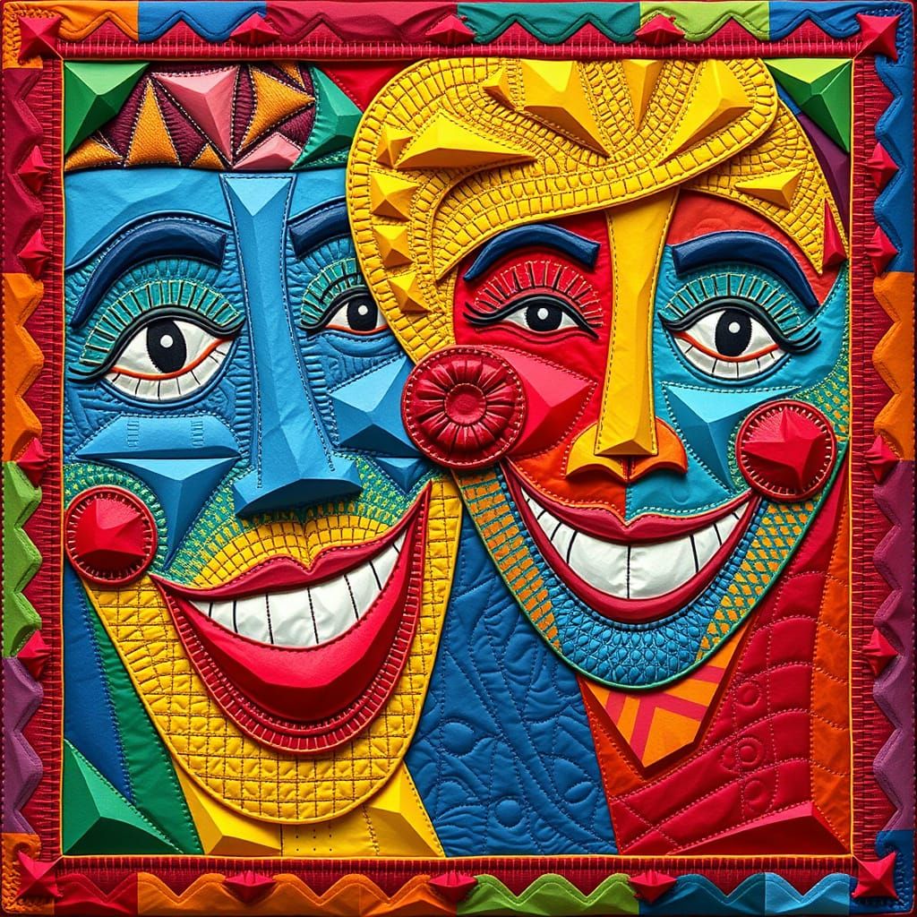Joyful Faces Quilt in Cubist Art Deco Style