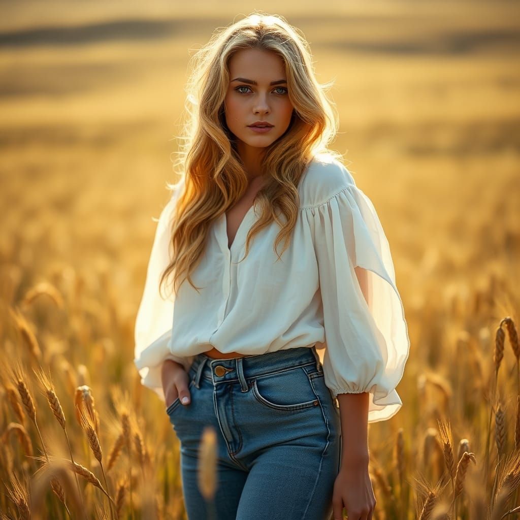 Golden Haired Woman in Wheat Field, Rossetti Style