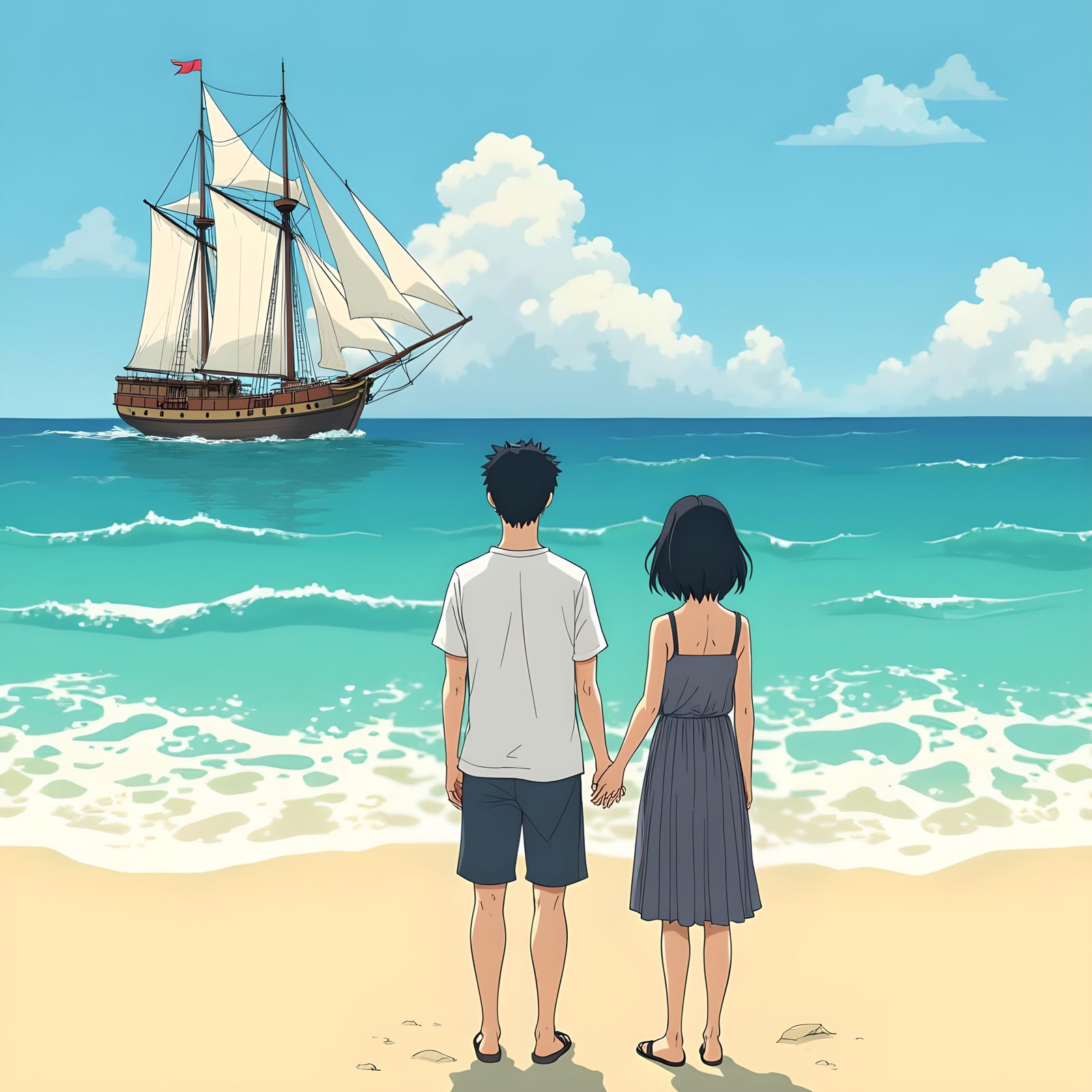 Sailship on a Deserted Beach in Manga Style