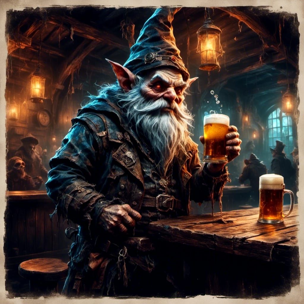 Gnome Drinks Beer in Spectral Gothic Tavern