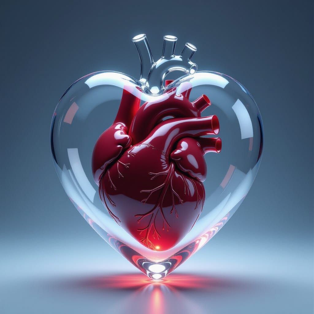 Realistic Human Heart in Transparent Glass Heart Shape