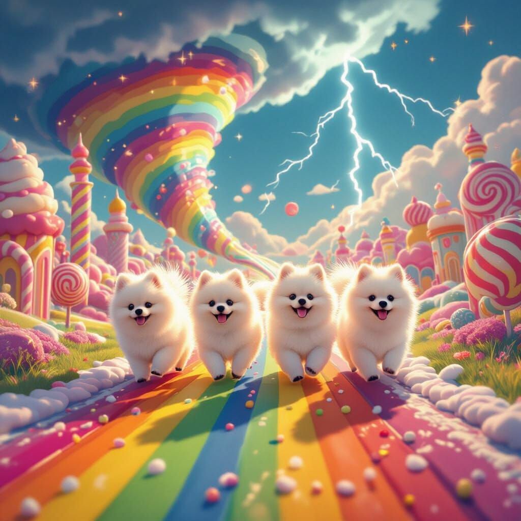 Pomeranians Race Through Candy Land Rainbow Tornado