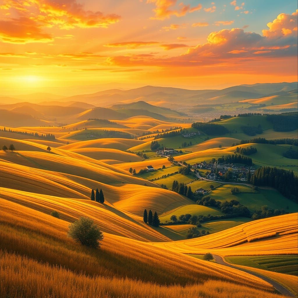 Golden Fields & Villages in Sunset Oil Painting Style