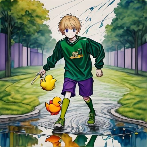 Blonde Boy Splashes in Puddles with Rubber Duck in Green Hoc...